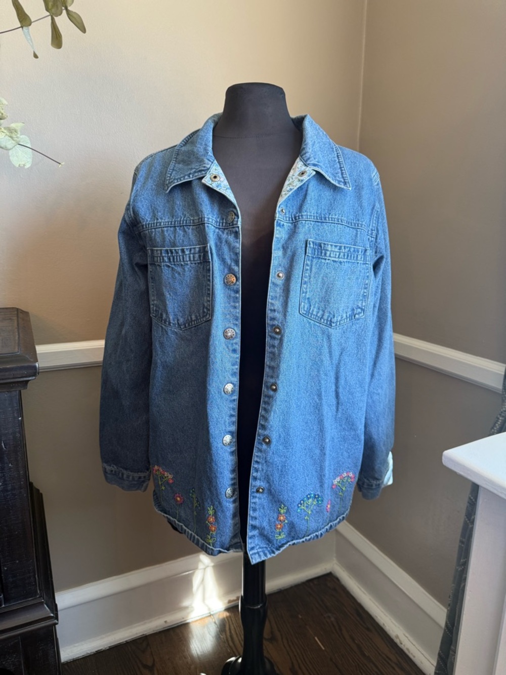 Denim Button-Up Jacket with Embroidered floral print